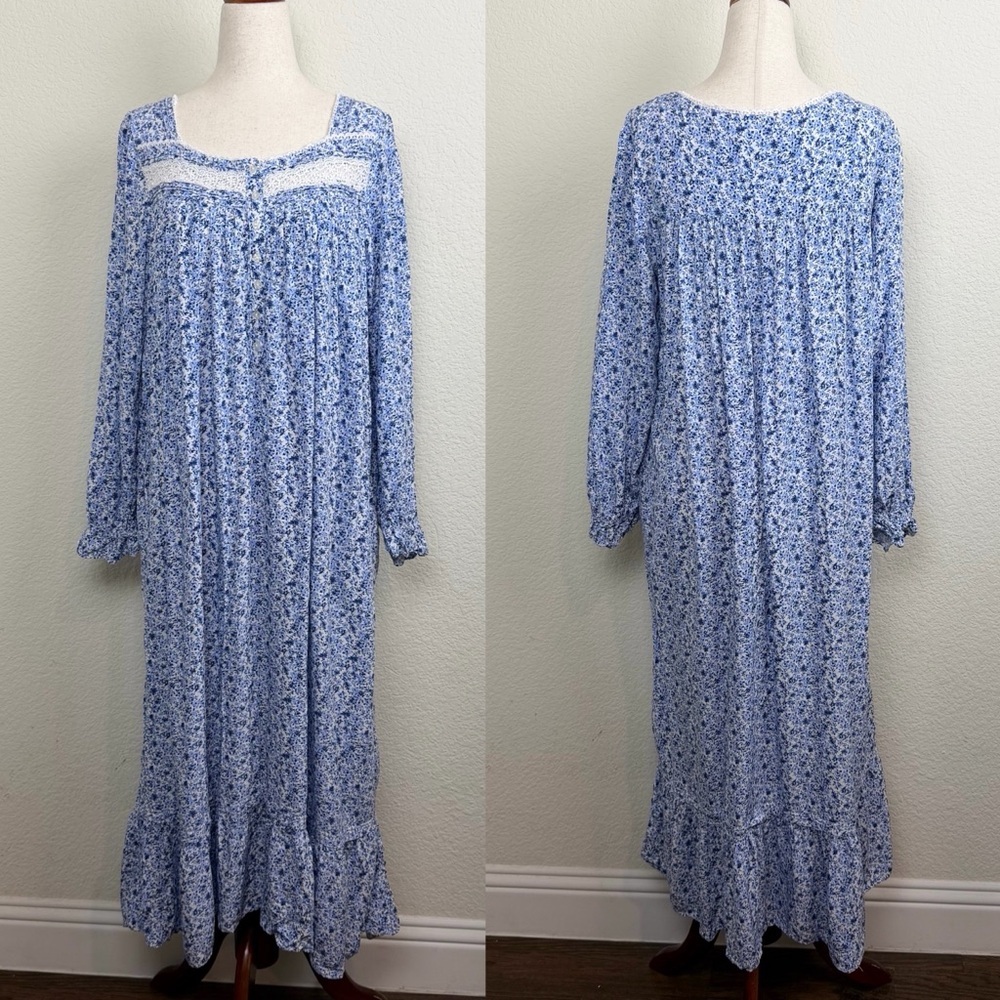 Eileen West Blue and White Floral Long Sleeve Cotton Ballet Nightgown